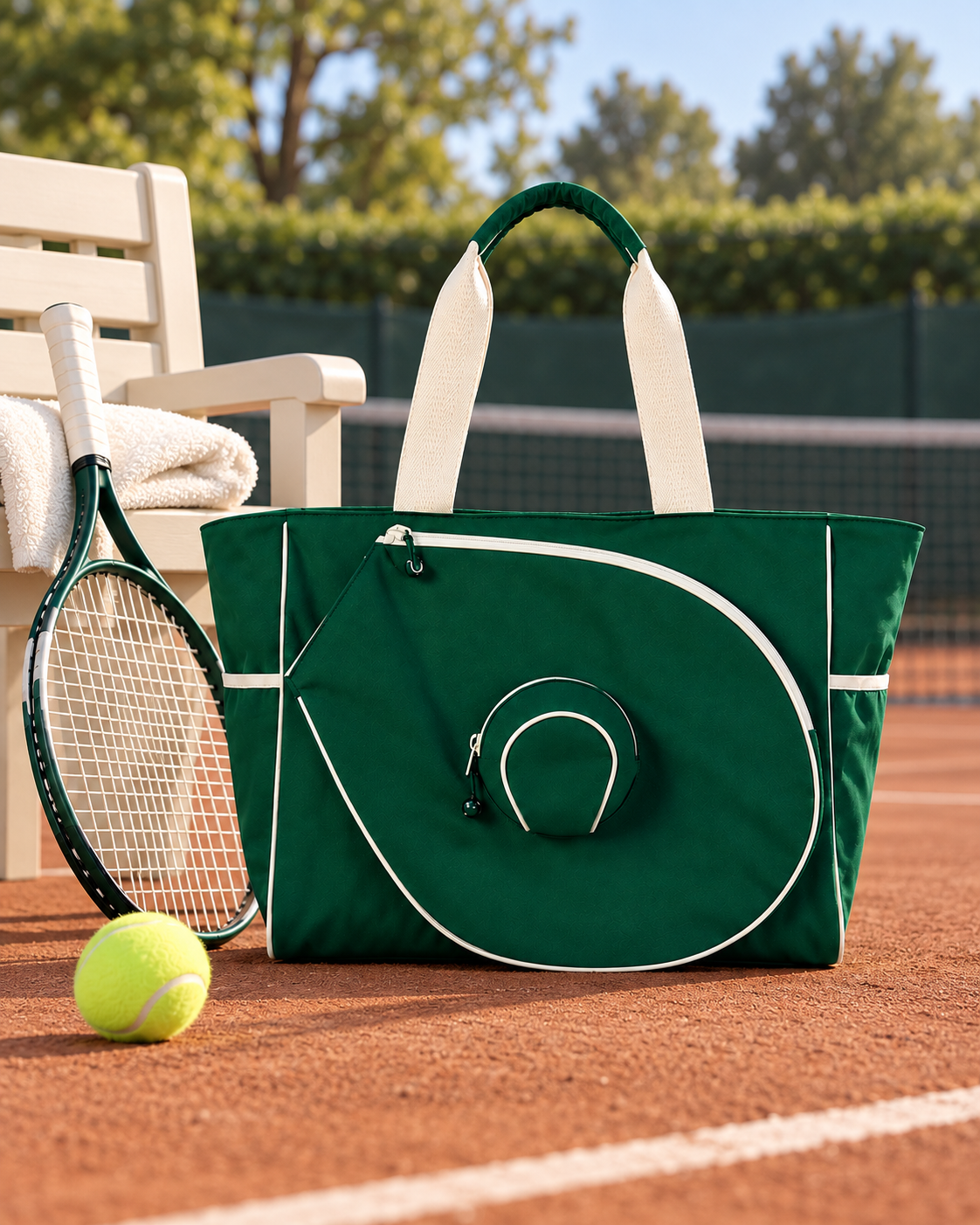 Green Tennisea Court Tote on a clay tennis court